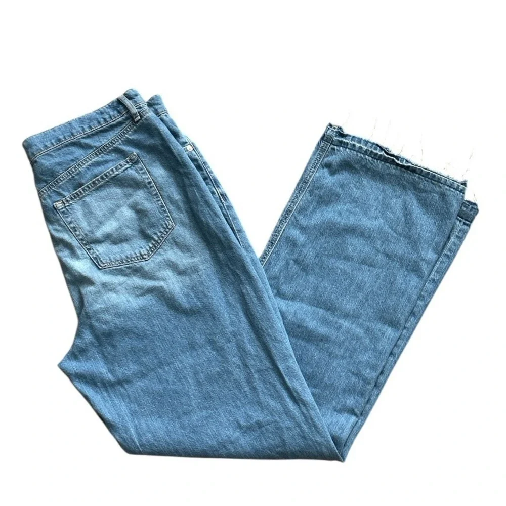 LOFT Wide Leg Jeans High Rise Frayed Hem Denim Blue 32 Stretch Everyday